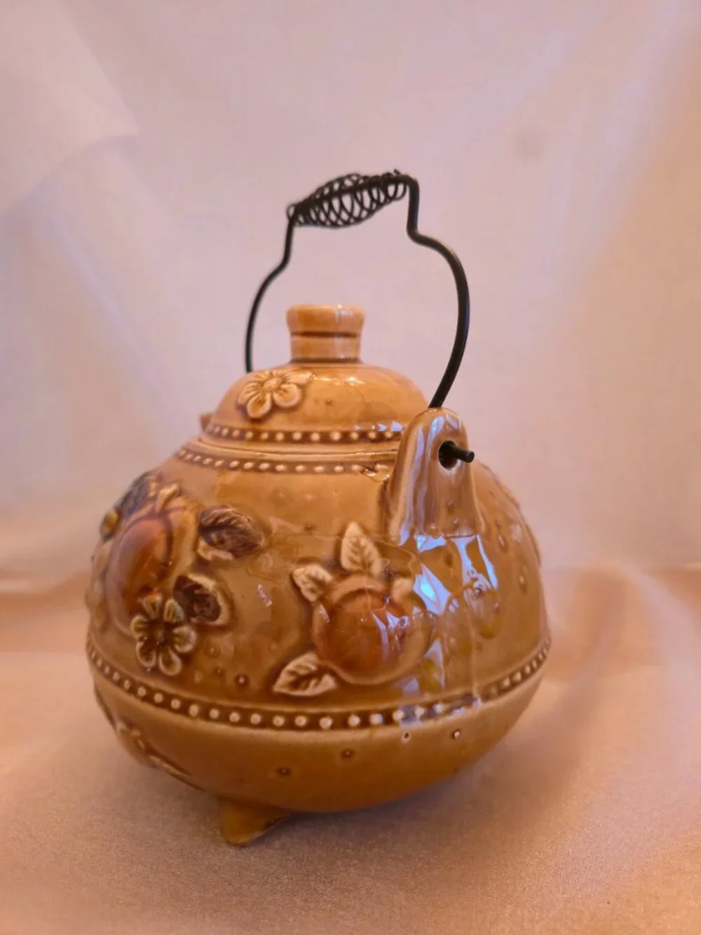 Vintage Footed Teapot with Fall Harvest Fruit Theme, Mustard Color Made in Japan